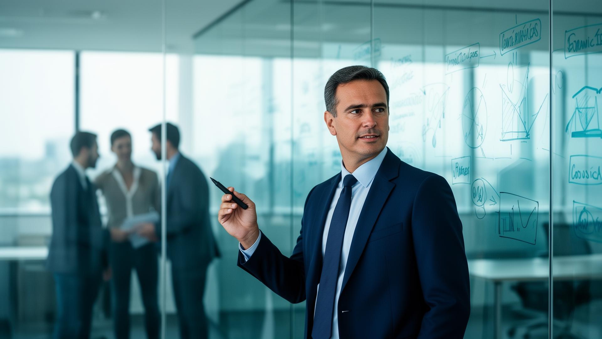 Empresário em escritório corporativo planejando estratégia